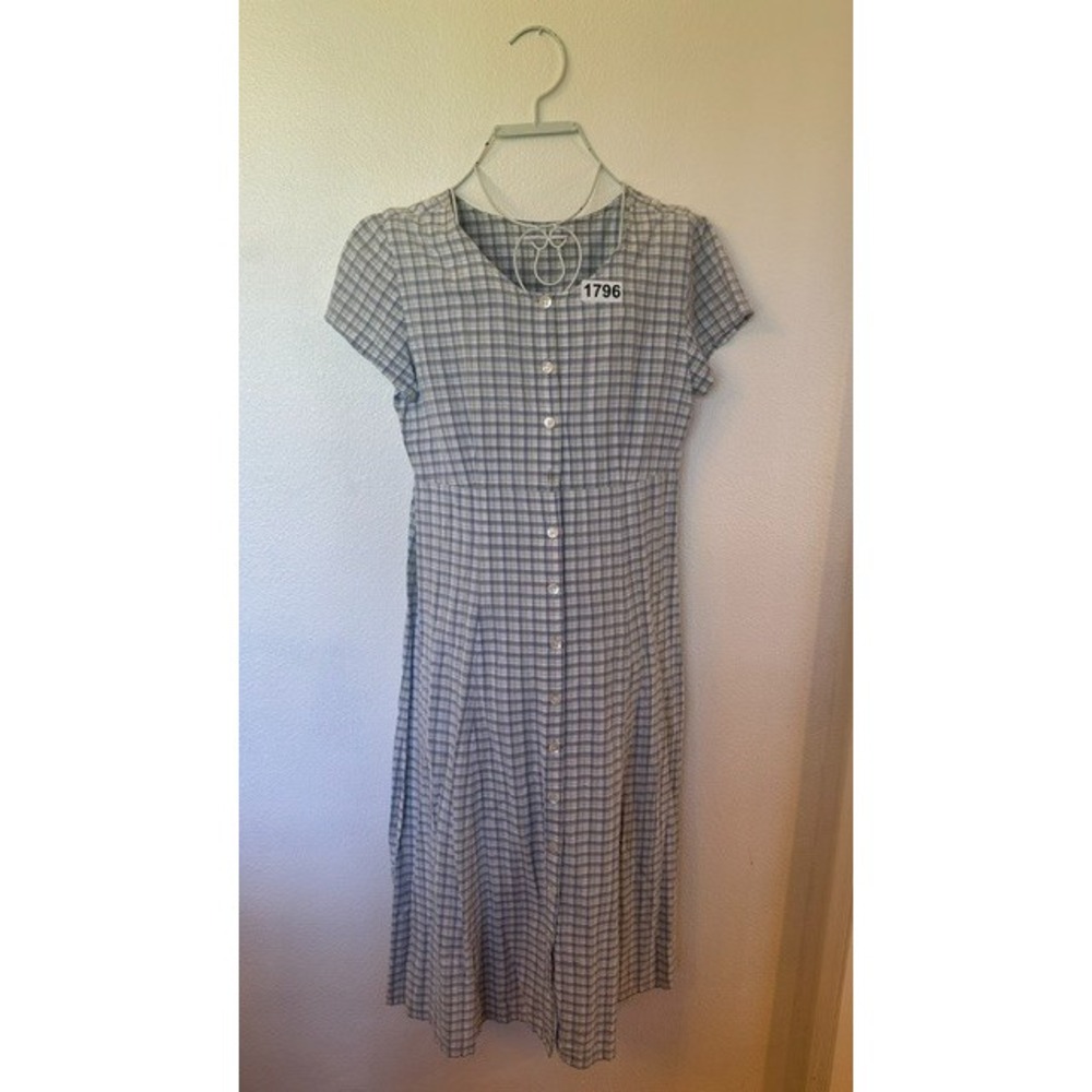 Plaid Button Front Midi Dress Womens Blue Gray S Short Sleeve Cottagecore Retro